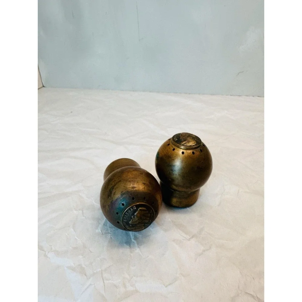 Vintage Copper Patina Salt and Pepper Set Brigham Young Commemorative Coin